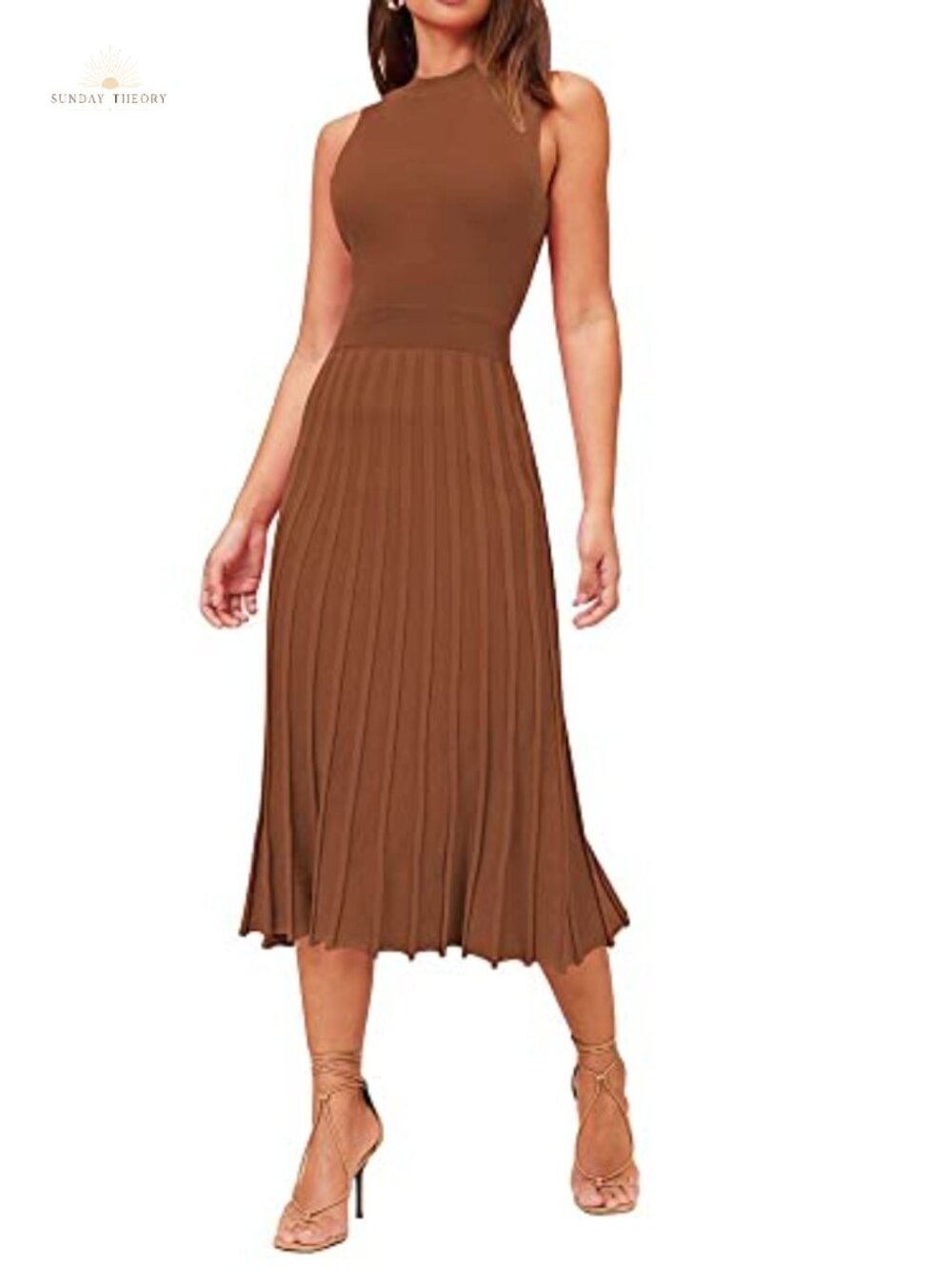 Sleeveless Pleated A-Line Midi Sweater Dress High Waist Knit Tank Dress